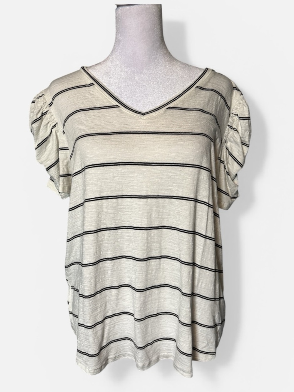 Green Envelope Cream V-Neck Short Sleeve Striped Top